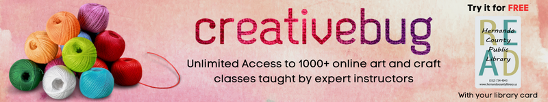 Creativebug, unlimited access to 1000+ online art and craft classes taught by expert instructors, free with library card